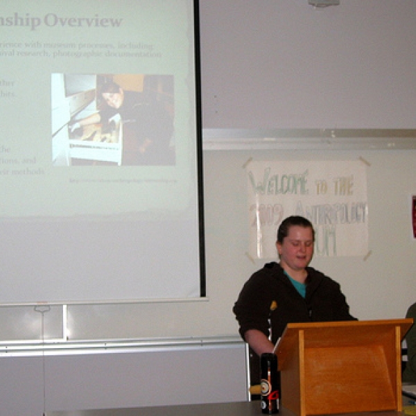 2009 Anthropology Forum Katie and Sarah make a presentation about the internships they had with the Nanaimo Museum; March 17, 2009. 