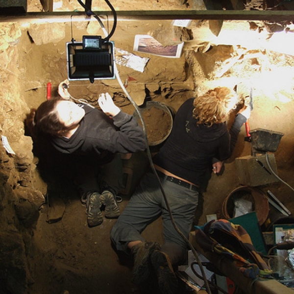 Scladina Cave, Belgium VIU students, Mel & Kayla, excavating in the cave; July 1, 2008.