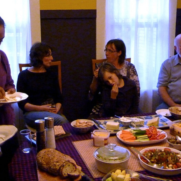 Eating and mingling The garden party stayed inside to keep warm! 