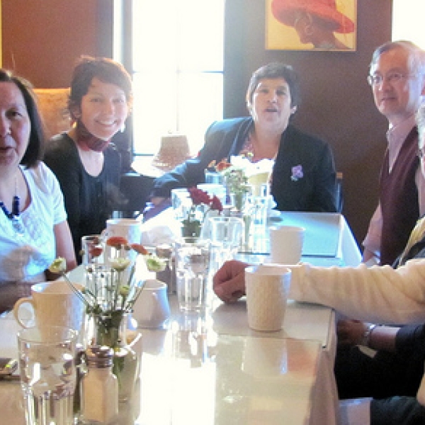 A cozy gathering of VIU organizers and guest panelists (l-r) Helene Demers, Ruth Kroek, Sharon Hobenshield, Elder Florence James, Hayne Wai, Maria Gomes, and Harley Wylie