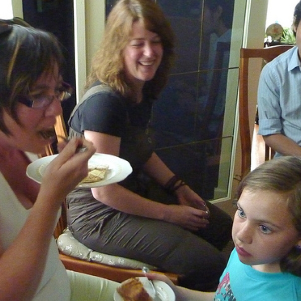 Yum Colleen enjoying her food while Toni and Mickey look on; Maggie has pie! 