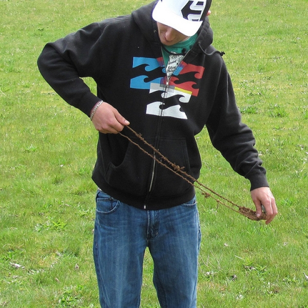 Ready, set James trying out the slingshot he made for ANTH 111 