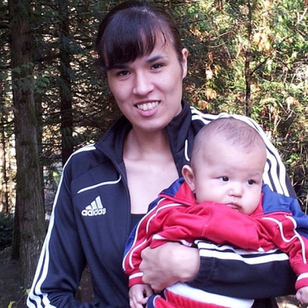 Ethnobotany participants Krystal and her son on the ethnobotany field trip, ANTH 121, Cowichan. 23 October 2013.