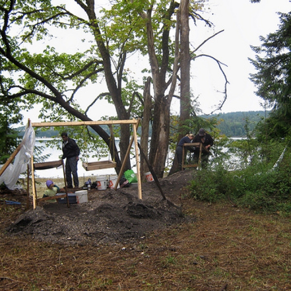 Screening Three VIU students participated in the UofT archaeological field school held on Sechelt Traditional Territory under Dr Gary Coupland's supervision. This photo illustrates excavation of the front midden; Leah is on the screen (2nd from right). 