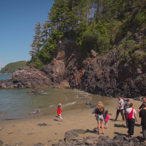 Image gallery pop-up of a group of people and children at a beach next to rocky cliffs on a sunny day.