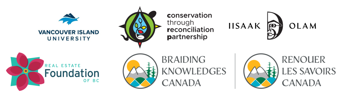 A logo banner displaying logos for Vancouver Island University, Conservation through Reconcilation Partnership, IISAAK OLAM Foundation, Real Estate Foundation of BC, and Braiding Knowledges Canada.