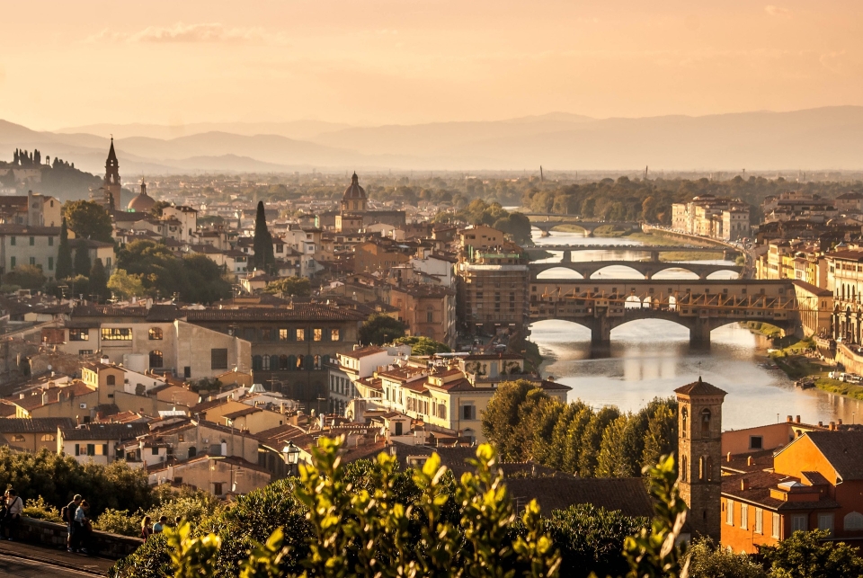 Ponte Vecchio and the neighbouring area in Florence, Italy.